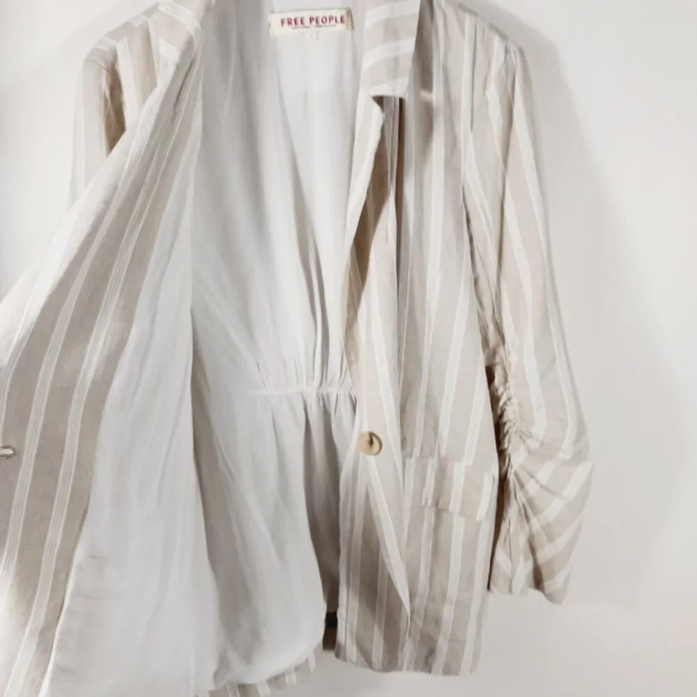 Free People "Fern" Oversized Striped Linen Blend Blazer, Ruched Sleeves SZ Small - Picture 6 of 16